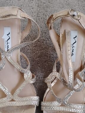 Nina Strappy Champagne Glitter Heels with Crystal Accents
